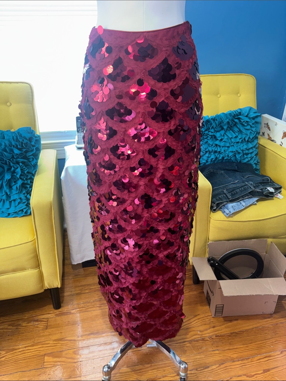 High-Shine Burgundy Sequin Maxi Skirt